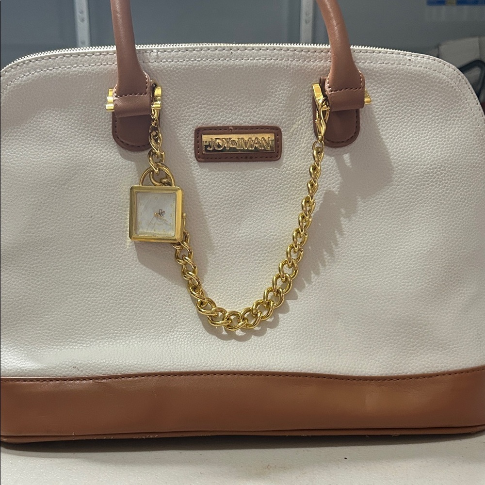 Joy & Iman White and Tan Satchel with Gold Chain